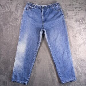 Vintage Lee Jeans Women's 16 MED Blue High Rise Elastic Waist Tapered Leg Denim